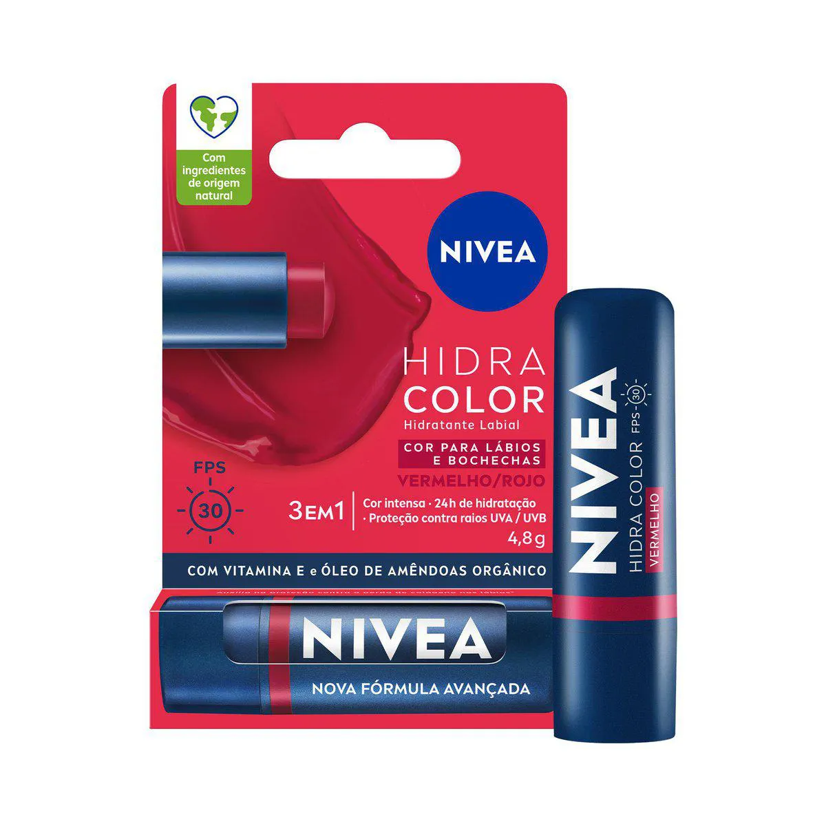 Hidratante Labial Nivea Hidra Color 2 em 1 Vermelho 4,8g
