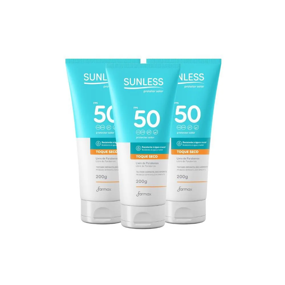 KIT 3X PROTETOR SOLAR SUNLESS FPS 50 TOQUE SECO 200G FARMAX