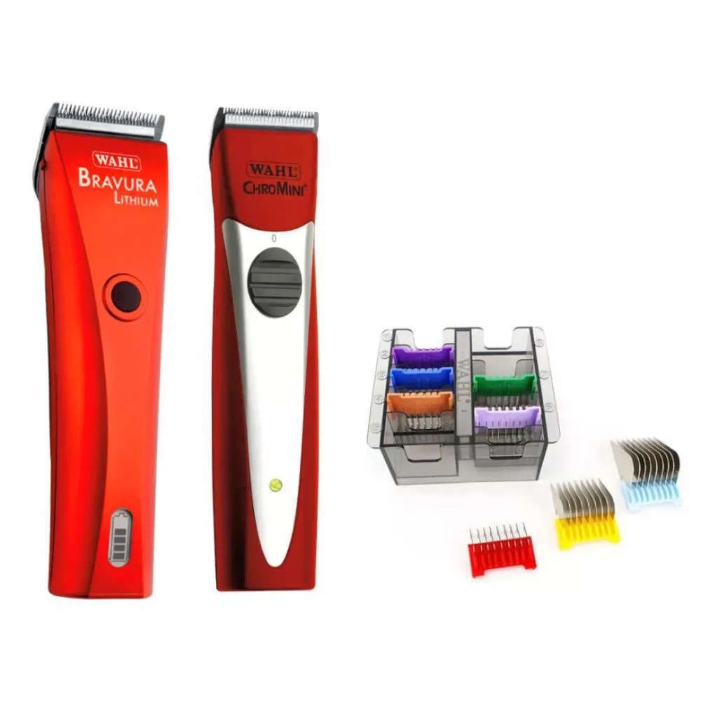 MAQUINA DE TOSA SEM FIO BRAVURA RED + MáQUINA LâMINA WAHL CLIPPER CHROMINI RED + PENTES