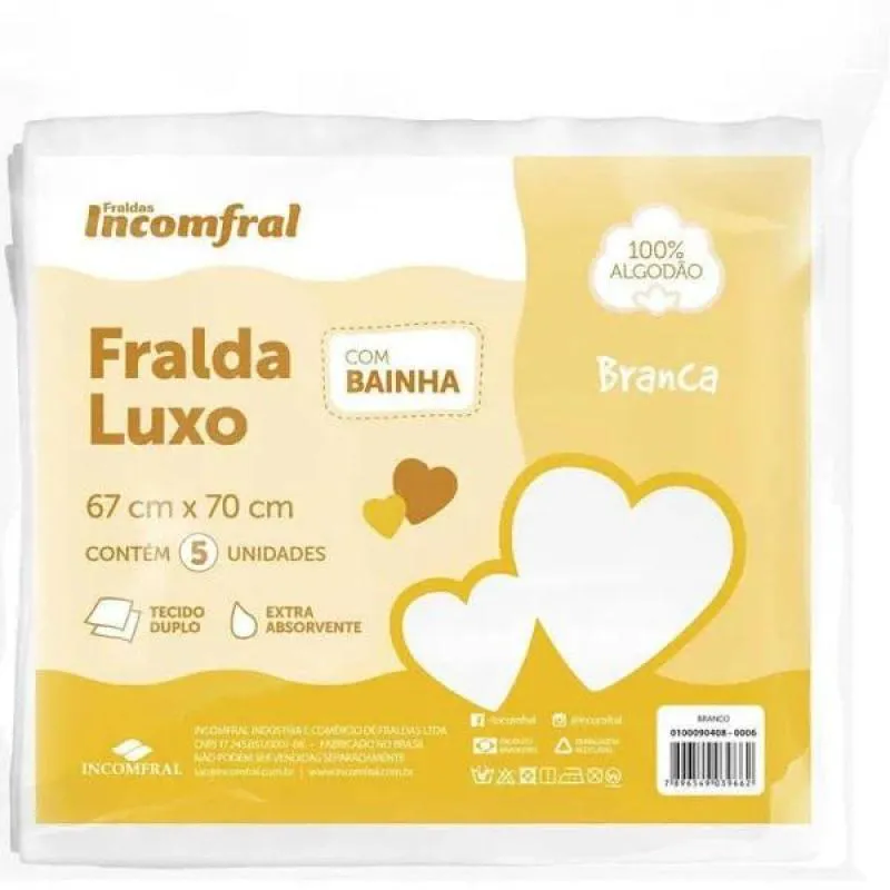 Fralda Ecológica Cremer Luxo com Bainha 67x70cm 5 unidades 