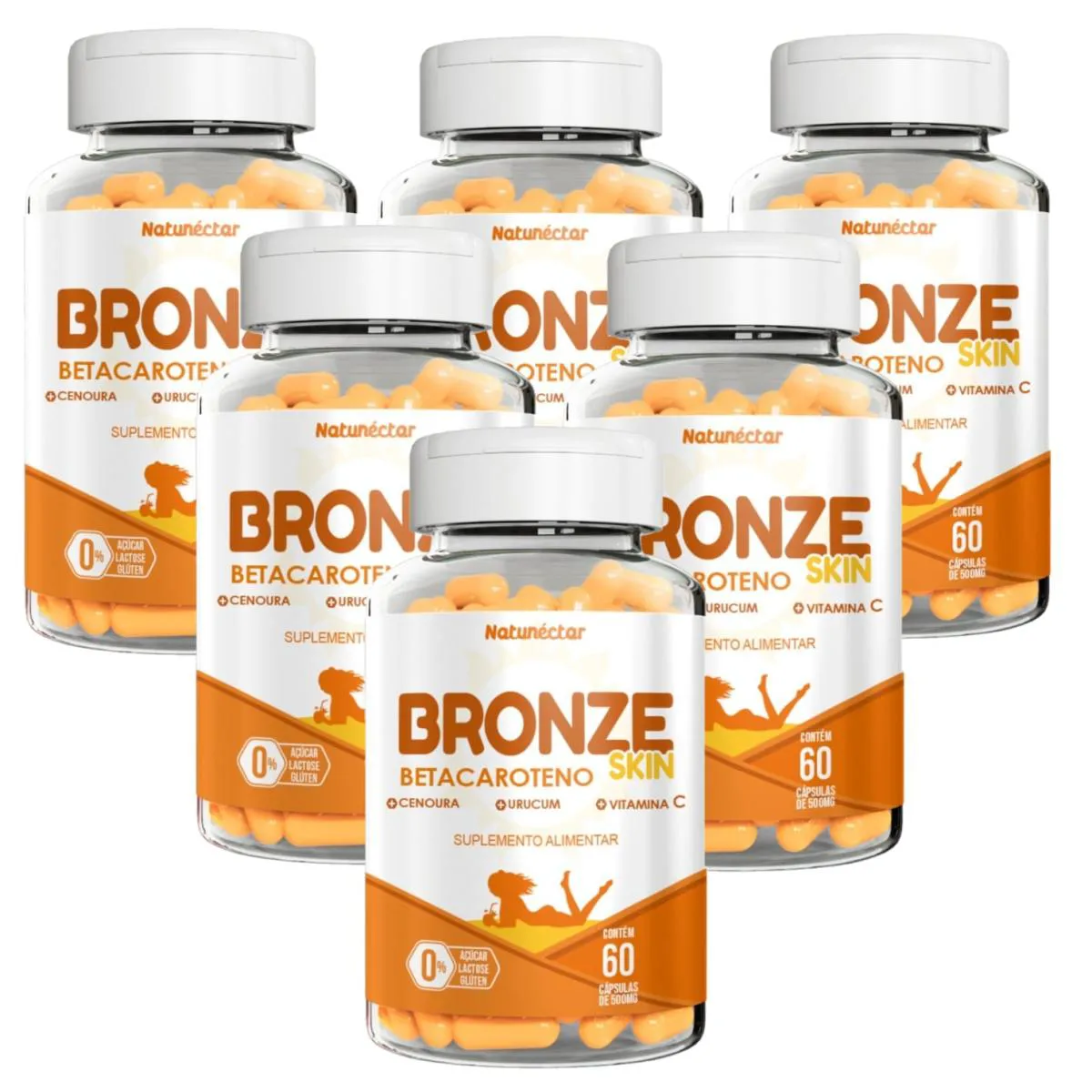 6X BRONZE SKIN- BETACAROTENO- URUCUM- VIT. C- 60 CAPS. 500MG