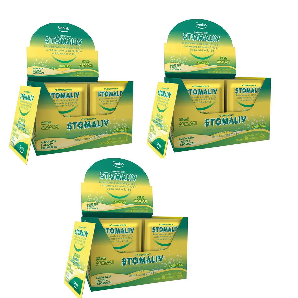 KIT 03  STOMALIV COM 50 ENVOLOPES CADA SABOR ABACAXI - GEOLAB