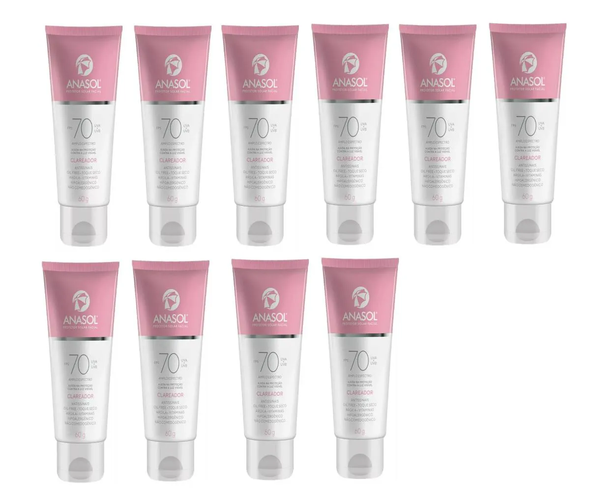KIT 10 PROTETOR SOLAR FACIAL FPS70 CLAREADOR 60G - ANASOL