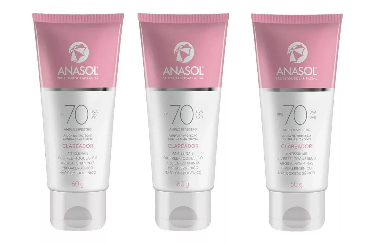KIT 3 PROTETOR SOLAR FACIAL FPS70 CLAREADOR 60G - ANASOL