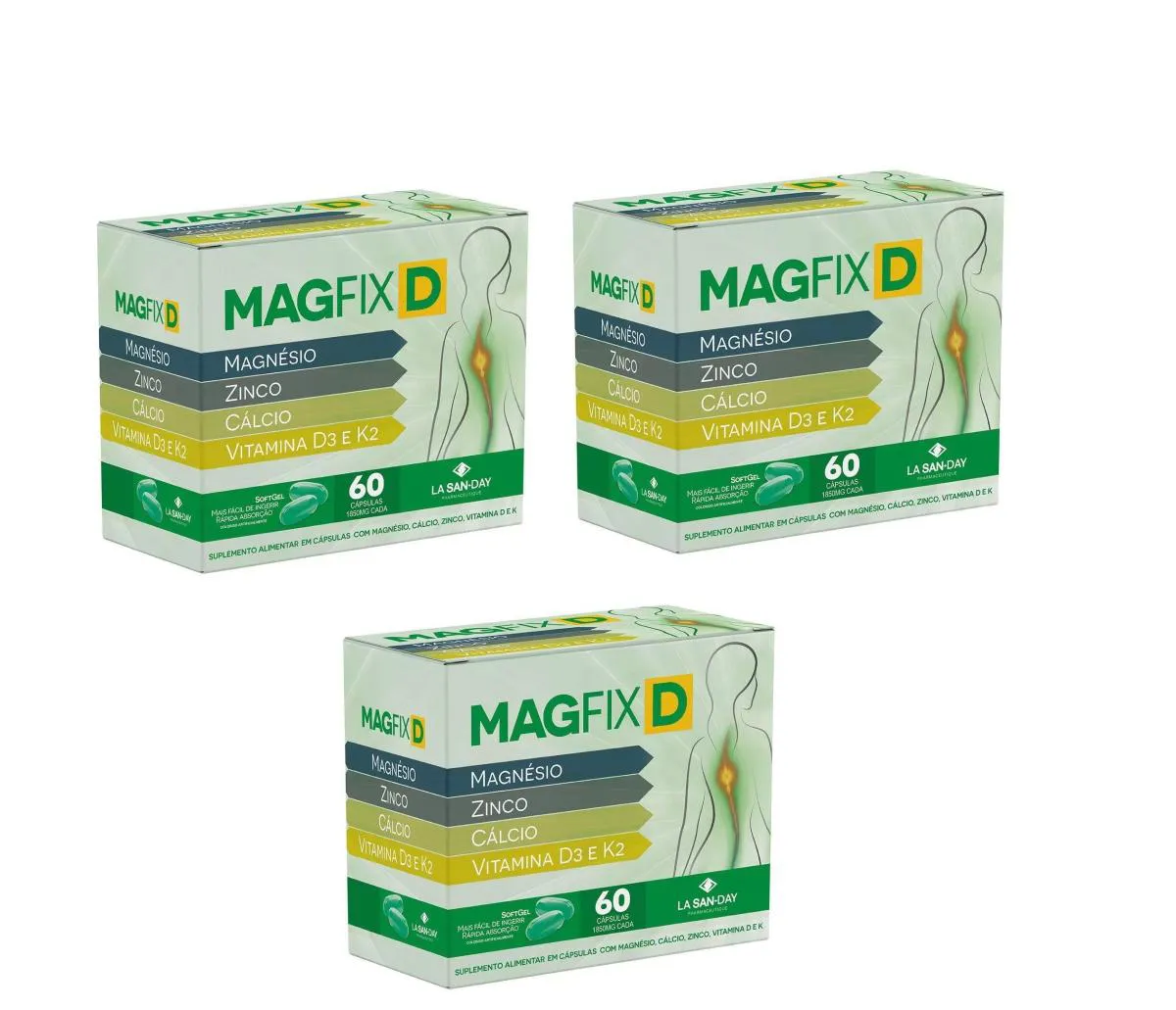 KIT 3 SUPLEMENTO ALIMENTAR  MAGFIX D 60CPS - LA SAN DAY