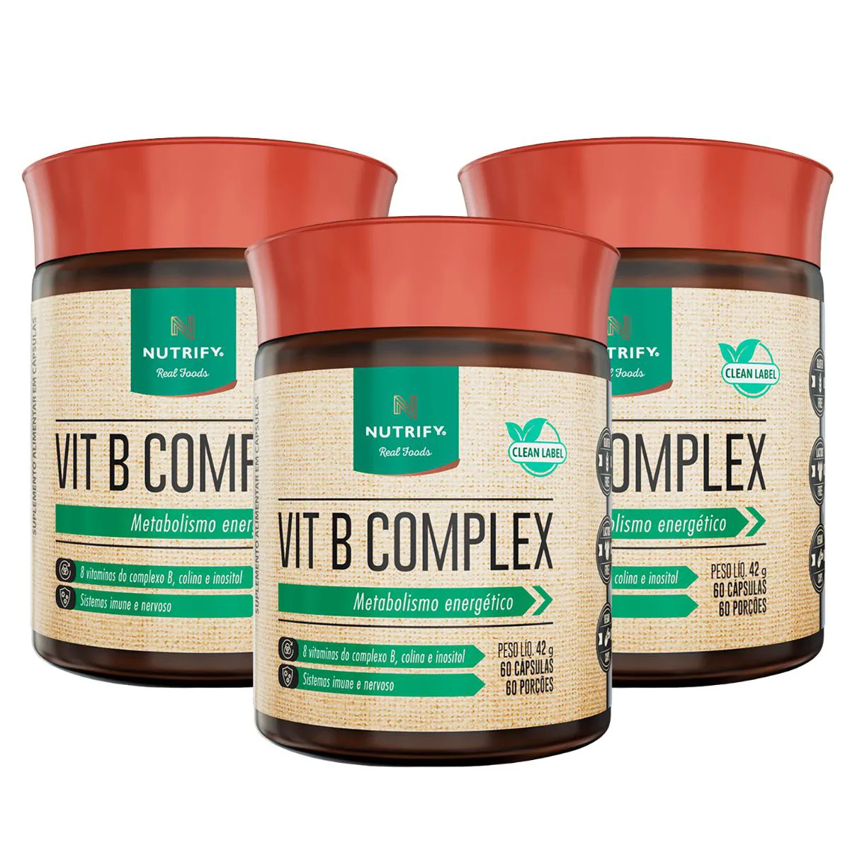 3X VITAMINA B COMPLEX NUTRIFY 60 CAPSULAS SEM Sabor