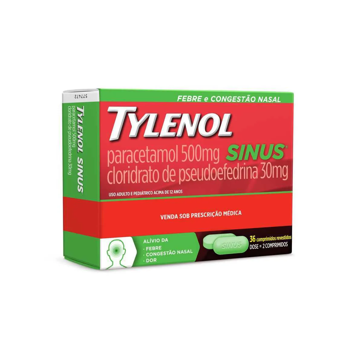 Tylenol Sinus Paracetamol 500mg + Cloridrato de Pseudoefedrina 30mg 36 comprimidos