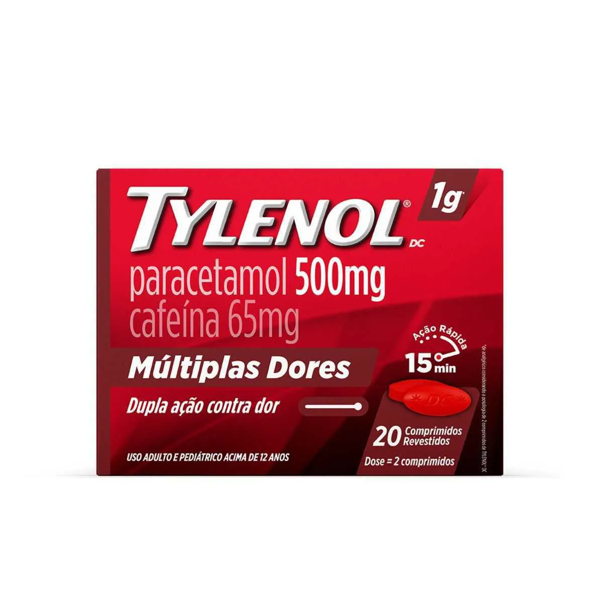 Tylenol DC Múltiplas Dores Paracetamol 500mg + Cafeína 65mg - 20 comprimidos