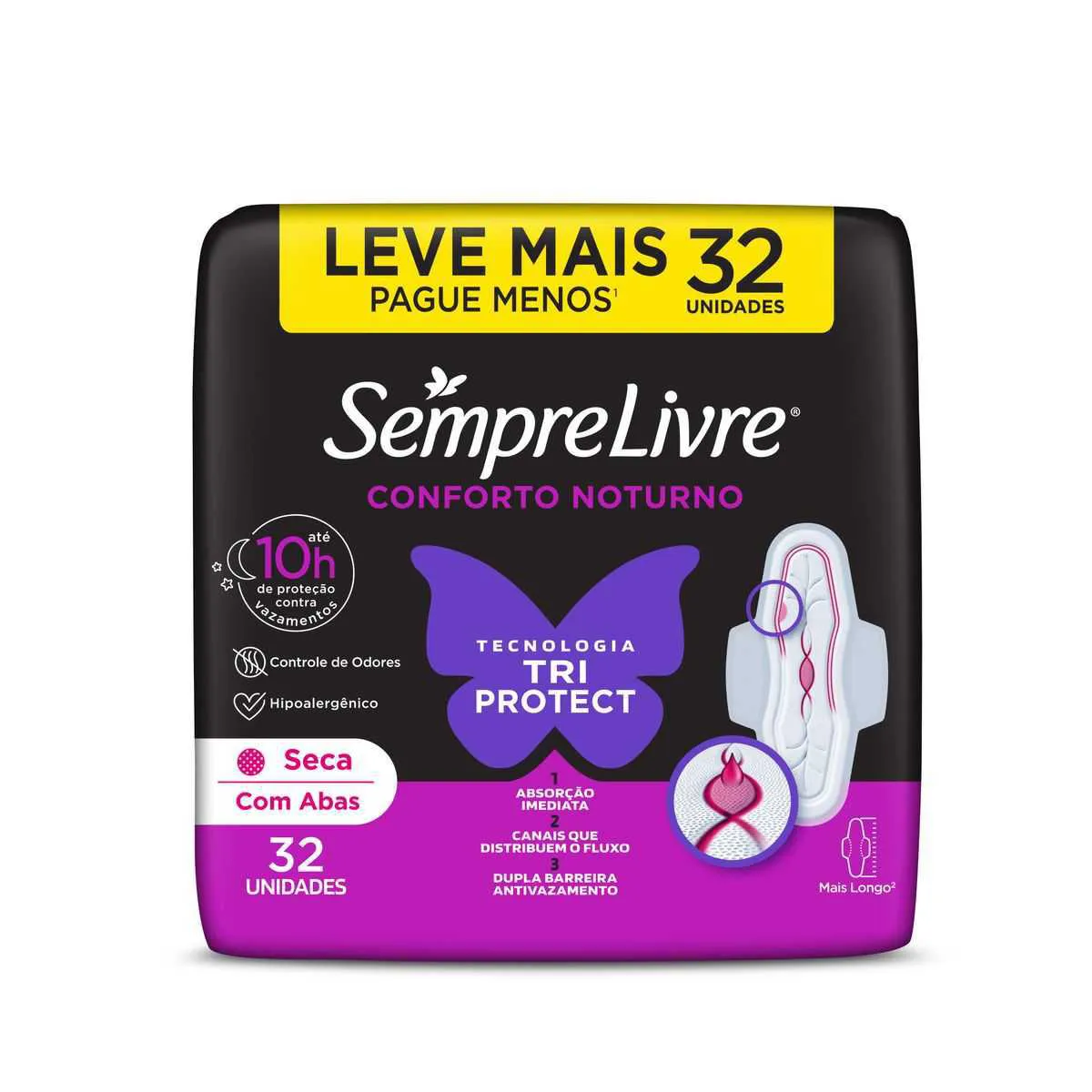 Absorvente Sempre Livre Conforto Noturno Cobertura Seca Com Abas 32 unidades
