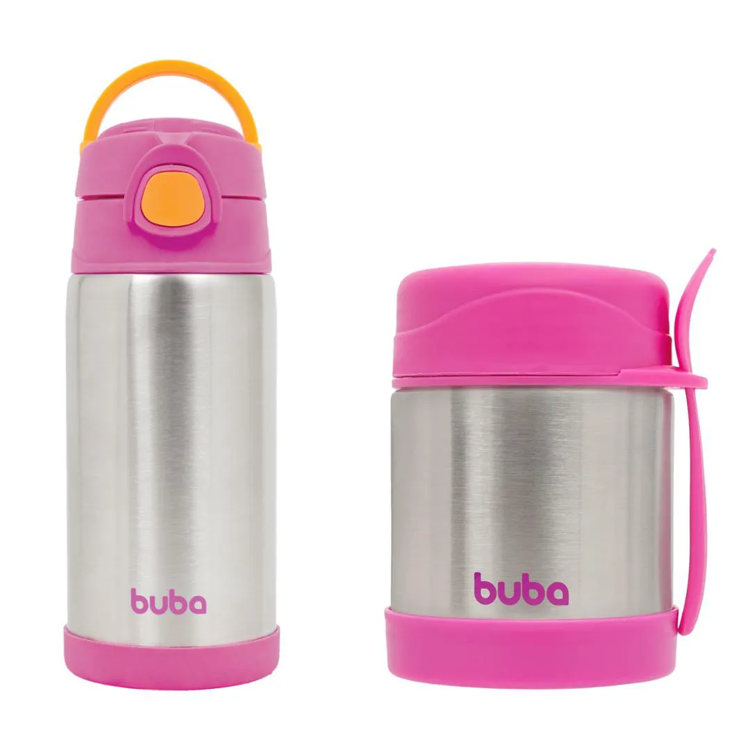 KIT BUBA INFANTIL GARRAFA TéRMICA E POTE TéRMICO BEBê Rosa