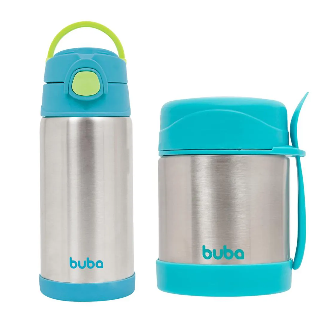 KIT BUBA INFANTIL GARRAFA TéRMICA E POTE TéRMICO BEBê Azul
