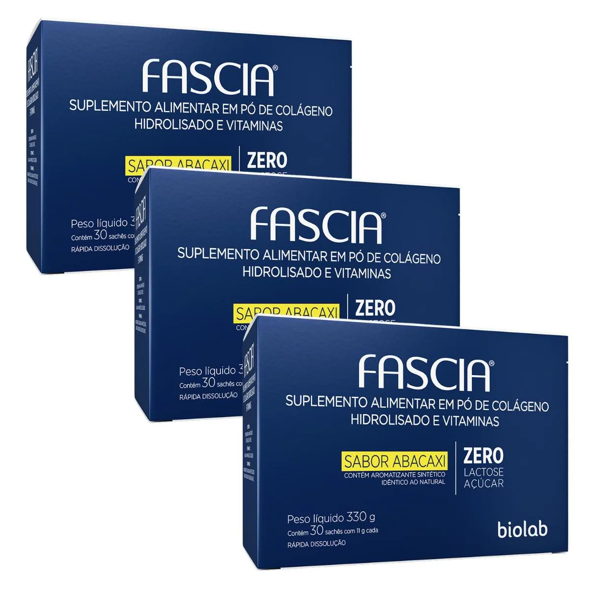 KIT 3 CAIXAS FASCIA COLáGENO SABOR ABACAXI C/30 SACHES CADA