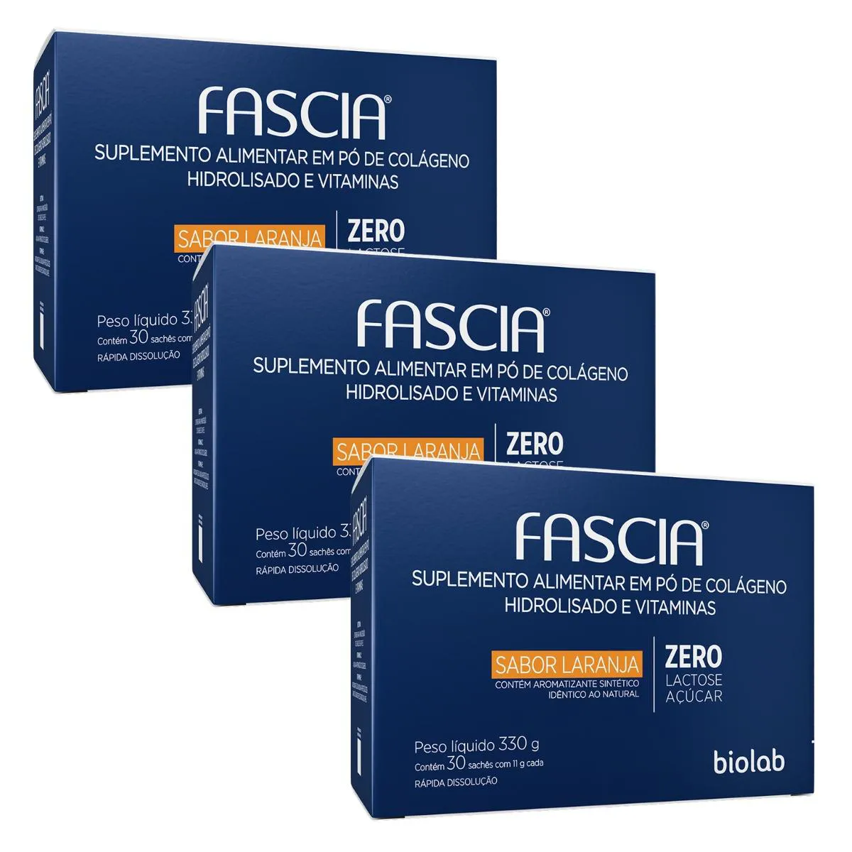 KIT 3 CAIXAS FASCIA COLáGENO SABOR LARANJA C/30 SACHES CADA