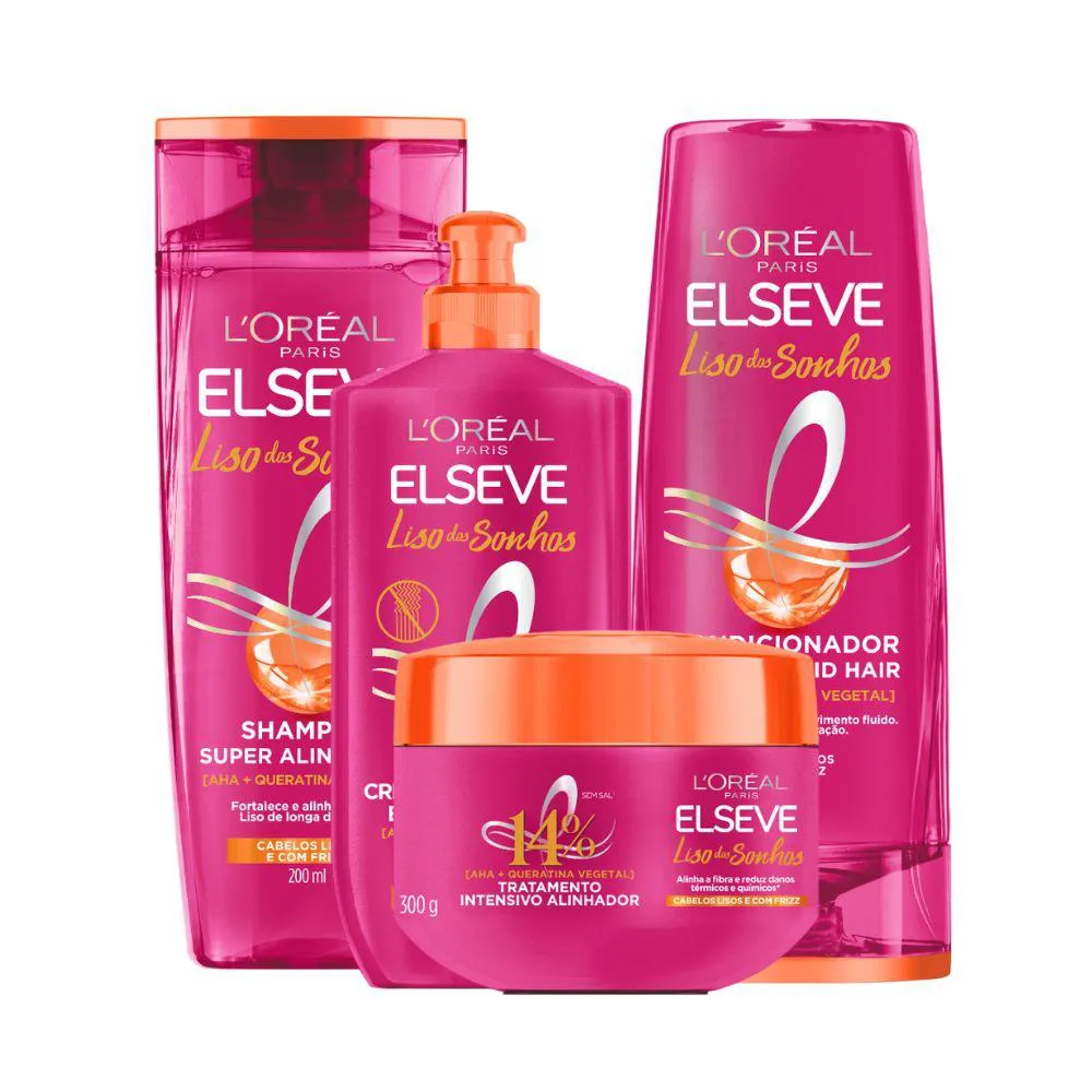 KIT ELSEVE LISO DOS SONHOS AHA + QUERATINA VEGETAL SHAMPOO 200ML + COND 200ML + PENTEAR + CREME TRAT (4 PRODUTOS)
