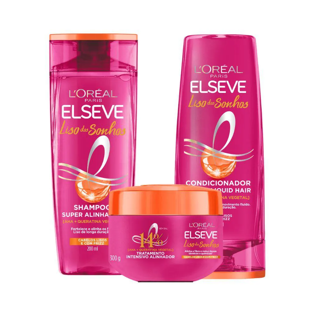 KIT ELSEVE LISO DOS SONHOS AHA + QUERATINA VEGETAL SHAMPOO 200ML + CONDICIONADOR 200ML + CREME TRATAMENTO (3 PRODUTOS)