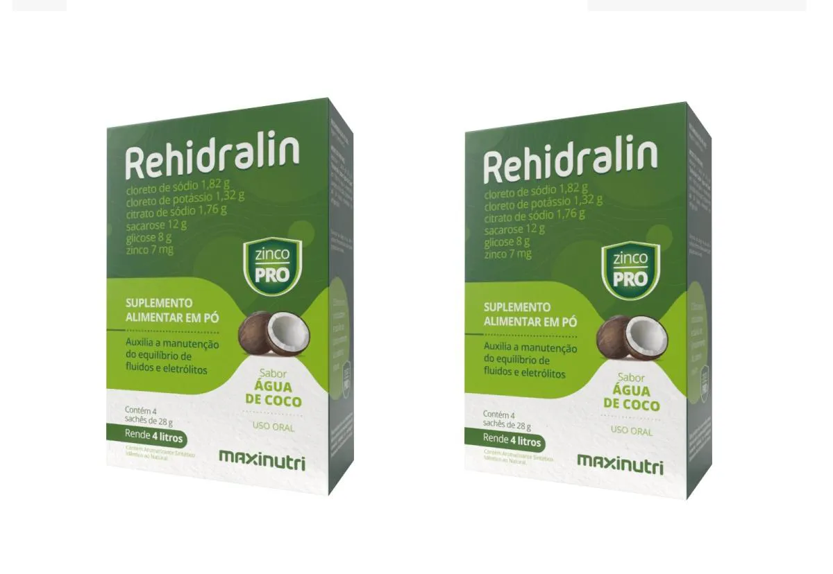 KIT 2 SUPLEMENTO REHIDRALIN SABOR ÁGUA DE COCO 4 SACHêS  Pó