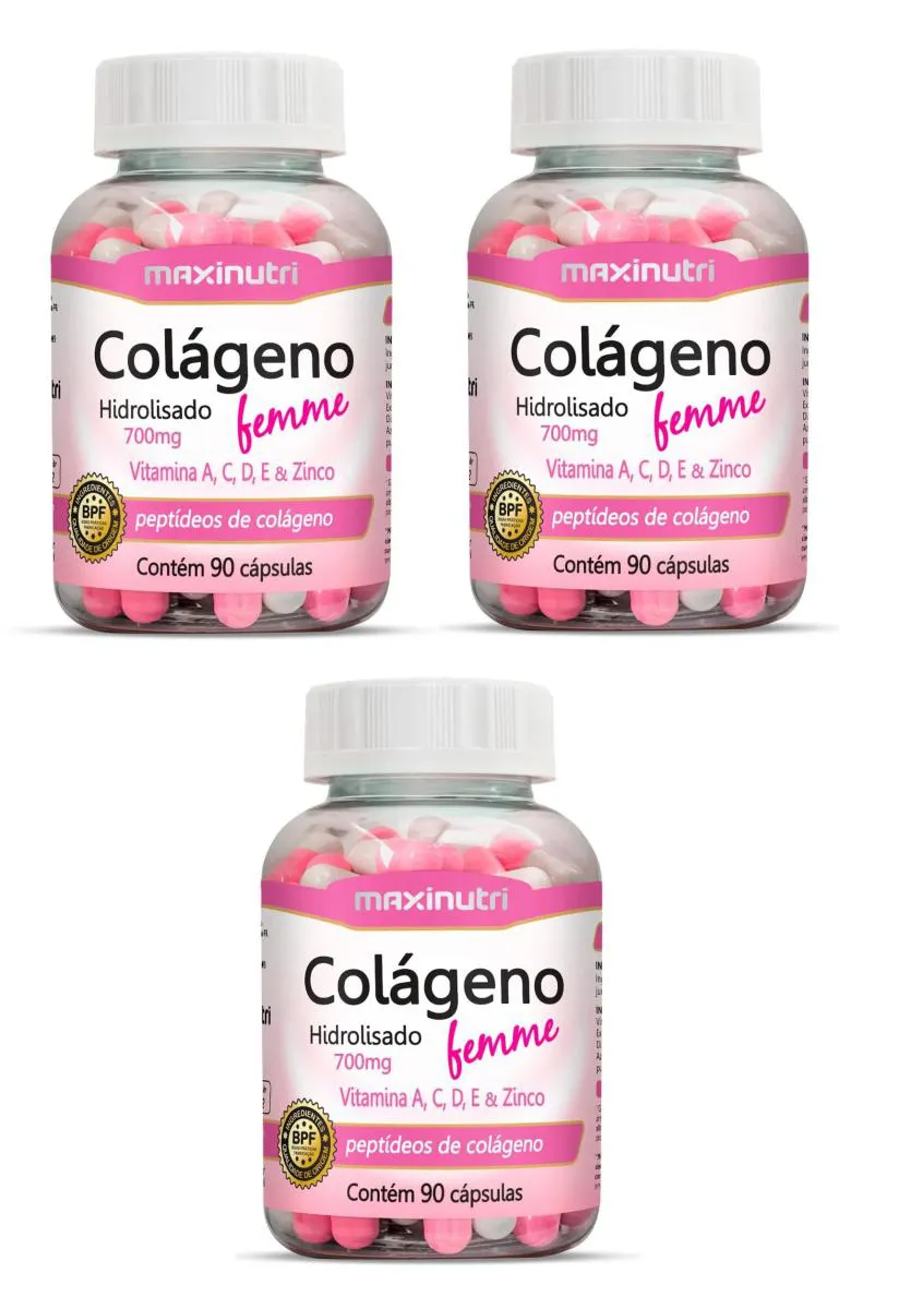 KIT 3 COLáGENO FEMME ZINCO + VIT A C D E MAXINUTRI 90CPS