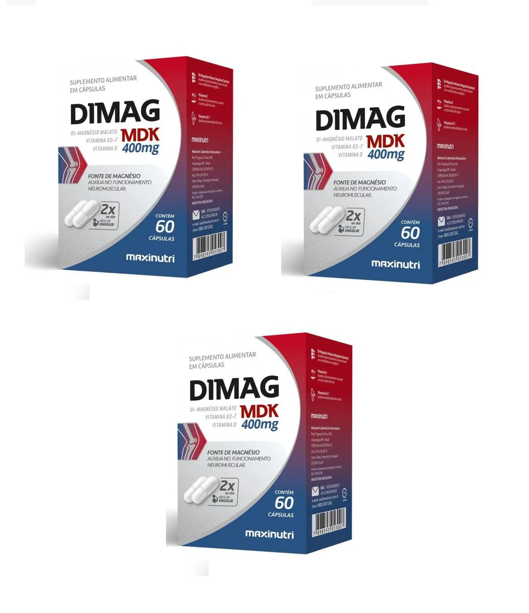 KIT 3 DIMAG MDK MAGNéSIO DIMALATO VIT K E D MAXINUTRI 60CPS