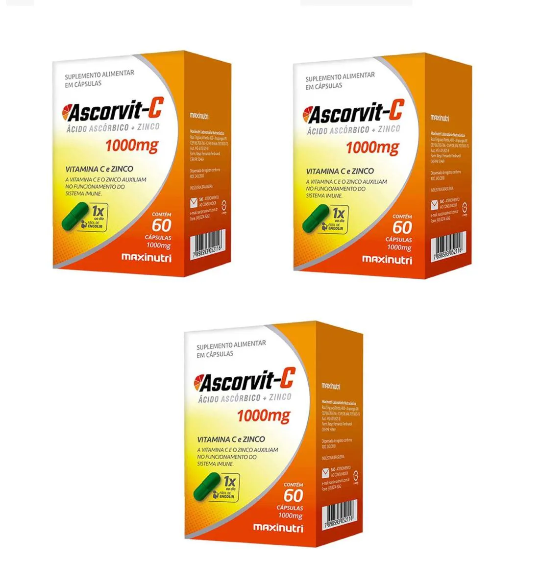 KIT 3 SUPLEMENTO ASCORVIT-C VITAMINA C + ZINCO  60CPS