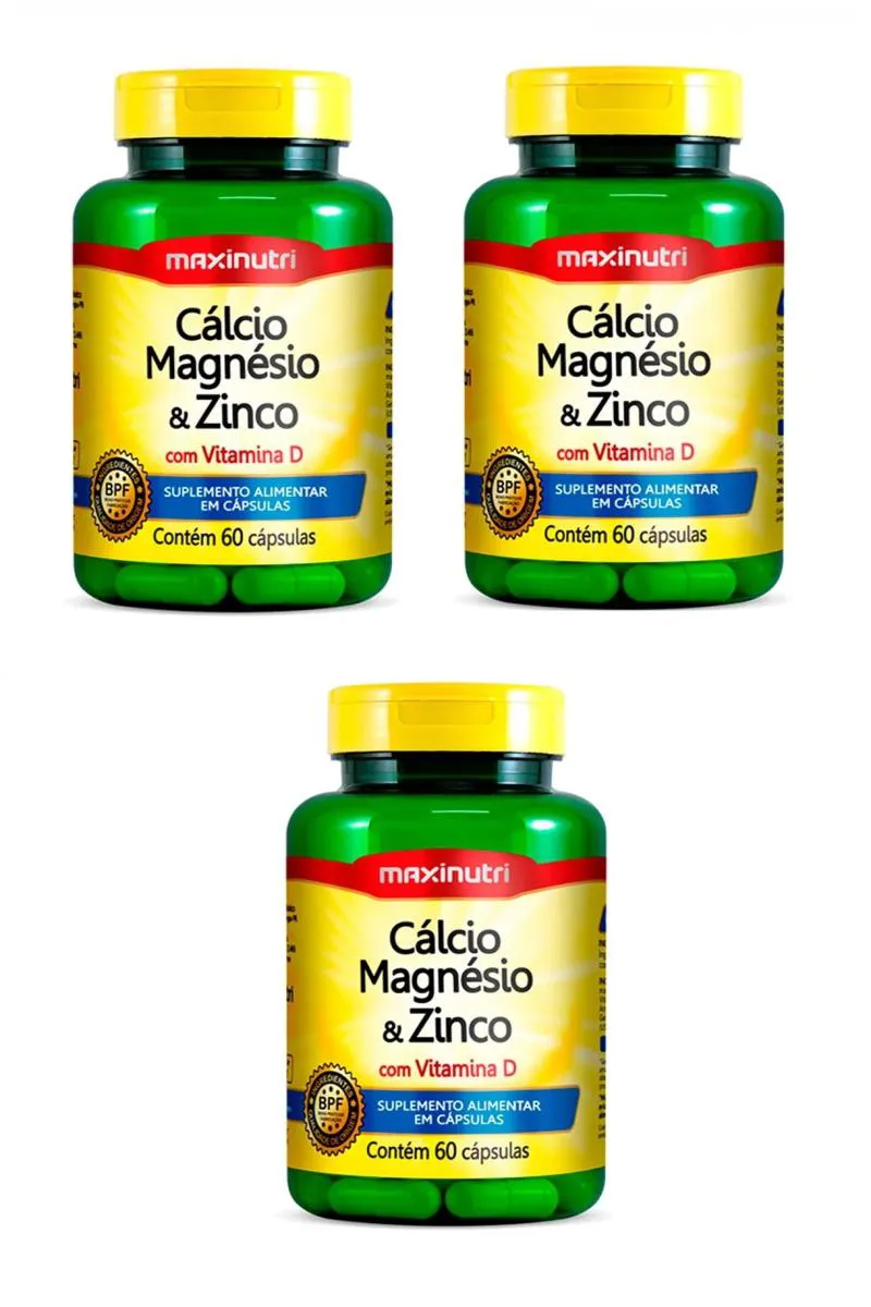 KIT 3 SUPLEMENTO CáLCIO MAGNéSIO E ZINCO MAXINUTRI 60CPS