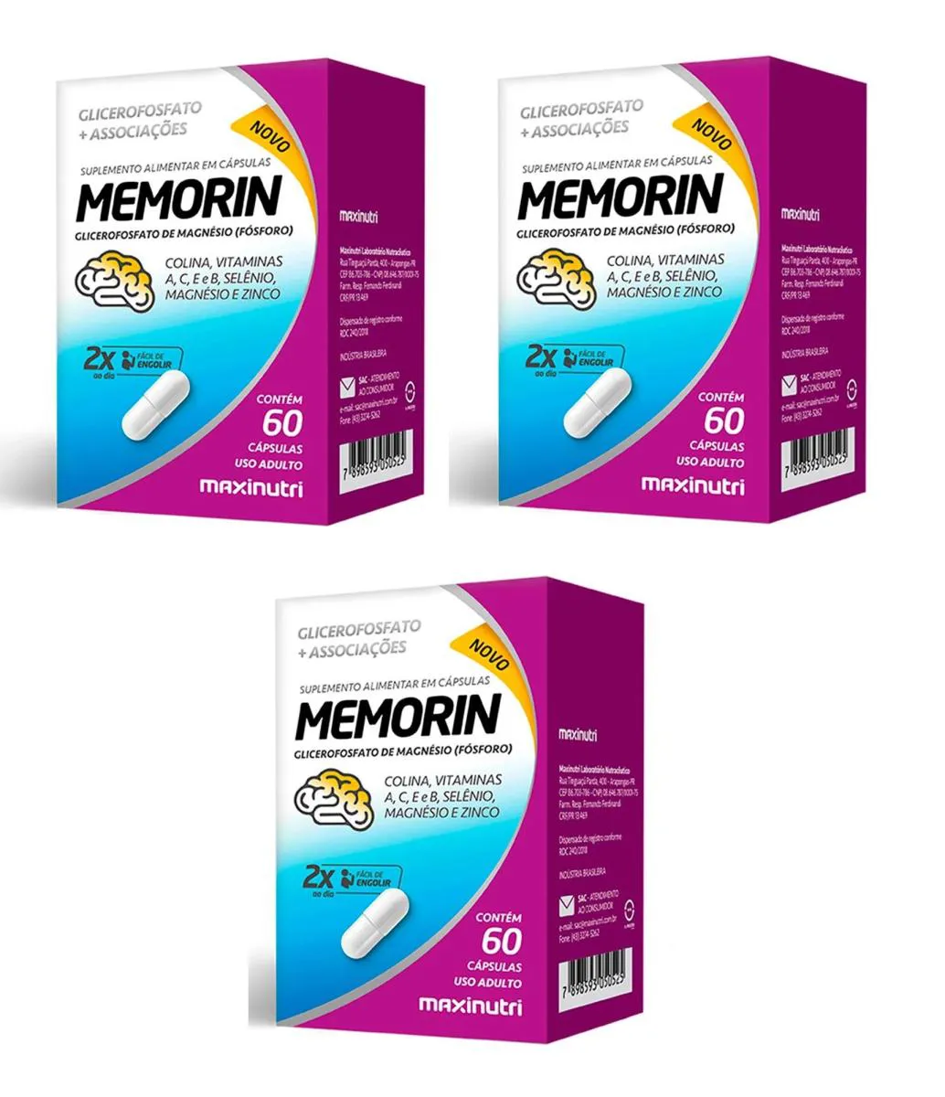KIT 3 SUPLEMENTO MEMORIN FóSFORO ZINCO VITAMINAS 60CP