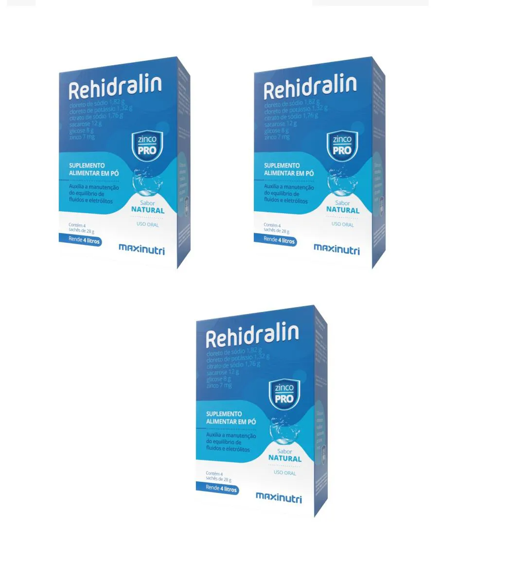 KIT 3 SUPLEMENTO REHIDRALIN SABOR NATURAL 4 SACHêS EM Pó
