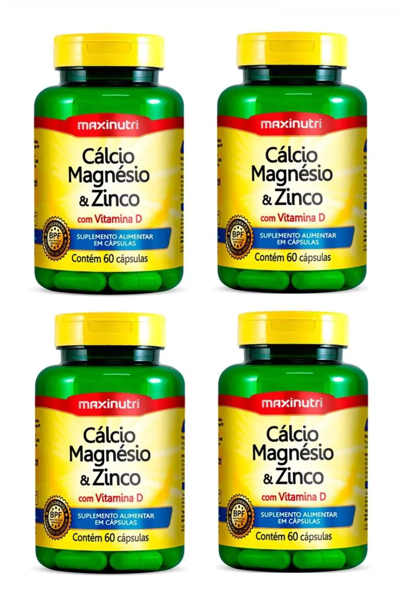 KIT 4 SUPLEMENTO CáLCIO MAGNéSIO E ZINCO MAXINUTRI 60CPS