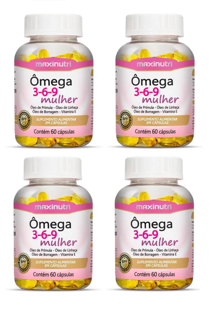 KIT 4 SUPLEMENTO ÔMEGA 3-6-9 MULHER MAXINUTRI VIT E 60CP