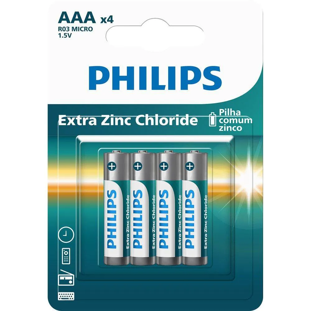 PILHA PHILIPS COMUM ZINCO PALITO AAA R03L4B/59 - EMBALAGEM COM 4 UNIDADES