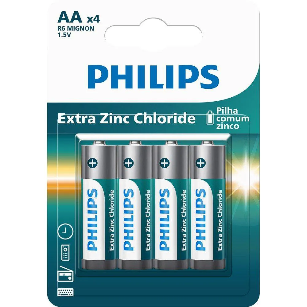 PILHA PHILIPS COMUM DE ZINCO PEQUENA AA | R6L4B/59 - EMBALAGEM COM 4 UNIDADES