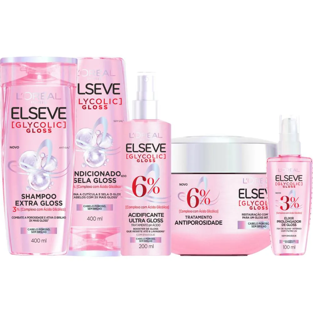 KIT GLYCOLIC GLOSS SHAMPOO+CONDICIONADOR+ACIDIFICANTE+CREME DE TRATAMENTO+SéRUM