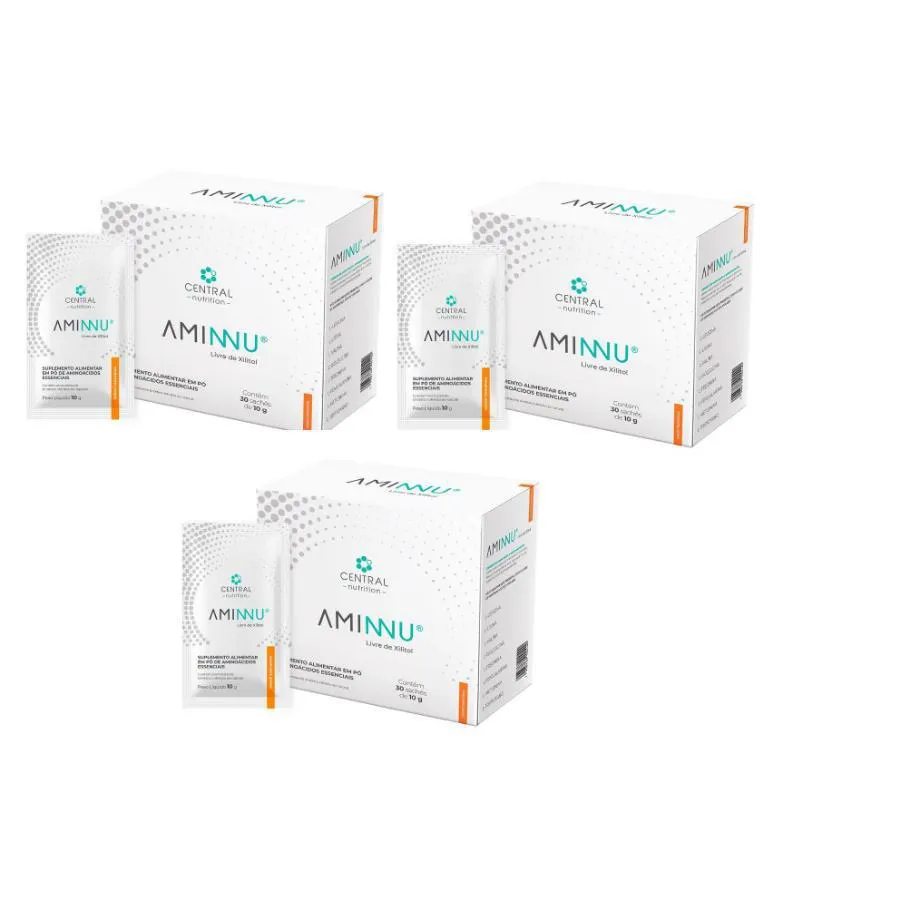 KIT COM 3 UNIDADES AMINNU 10G 30 SACHêS SEM XILITOL - CENTRAL NUTRITION SABOR:TANGERINA