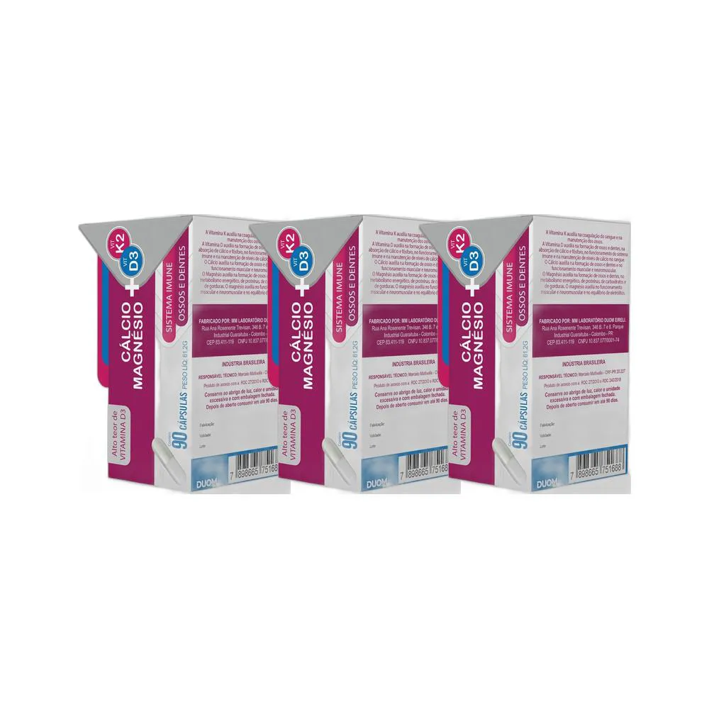 KIT 3X SUPLEMENTO ALIMENTAR CáLCIO D3 MAG K2 90 CPS - DUOM