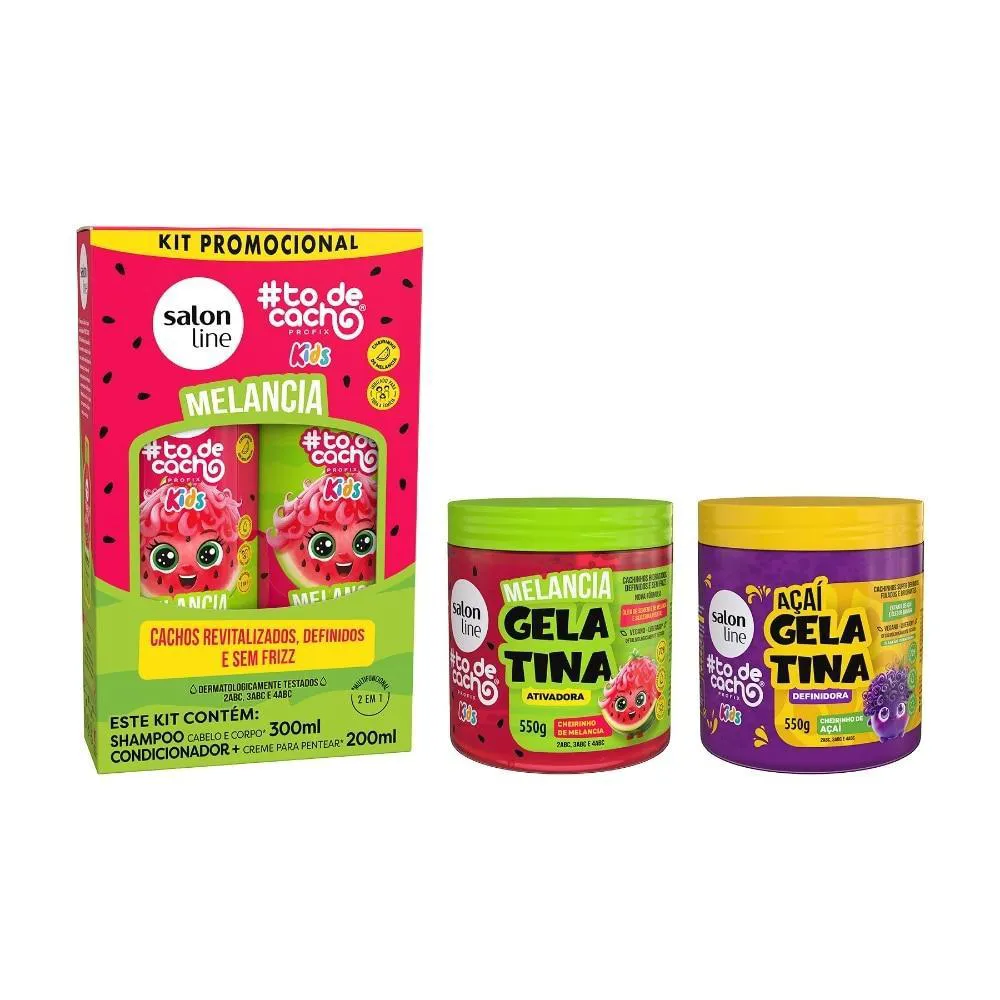 KIT MELANCIA E AçAí COM SHAMPOO + CONDICIONADOR E 2 GELATINAS #TODECACHO
