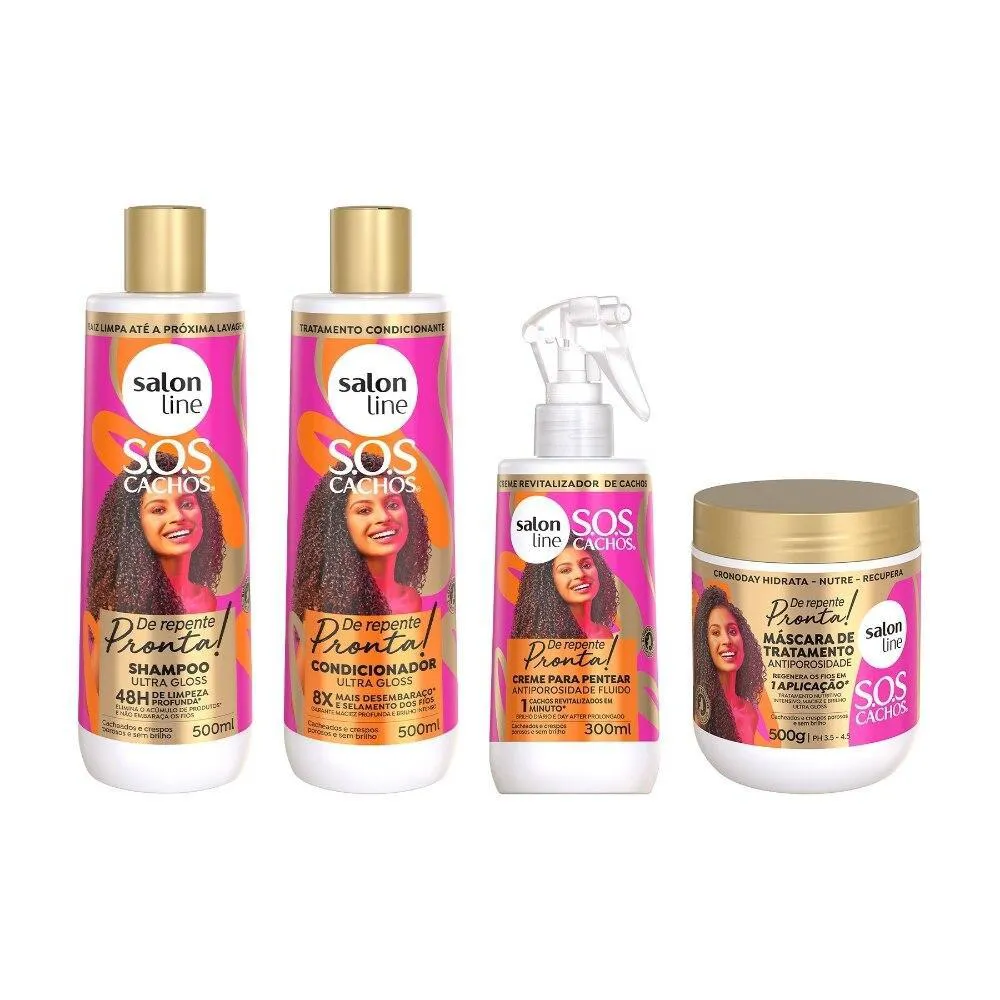 KIT SHAMPOO + CONDICIONADOR + MáSCARA E CREME PARA PENTEAR FLUIDO ANTIPOROSIDADE SOS CACHOS DE REPENTE PRONTA!