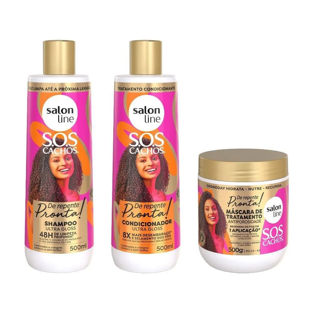 KIT SHAMPOO + CONDICIONADOR + MáSCARA ANTIPOROSIDADE SOS CACHOS DE REPENTE PRONTA!