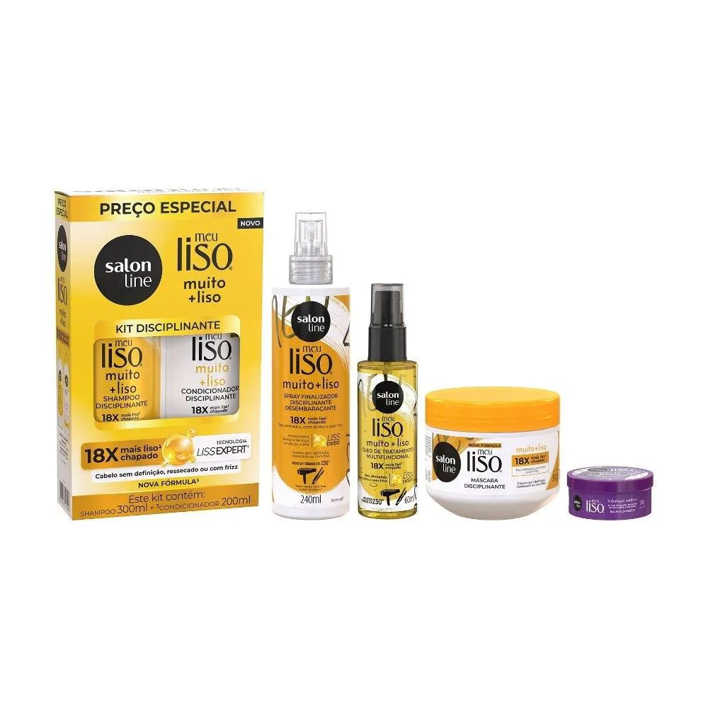 KIT MEU LISO MUITO + LISO COM SHAMPOO + CONDICIONADOR, MáSCARA, ÓLEO MULTIFUNCIONAL, SPRAY DEFRIZANTE E BALM ANTIFRIZZ