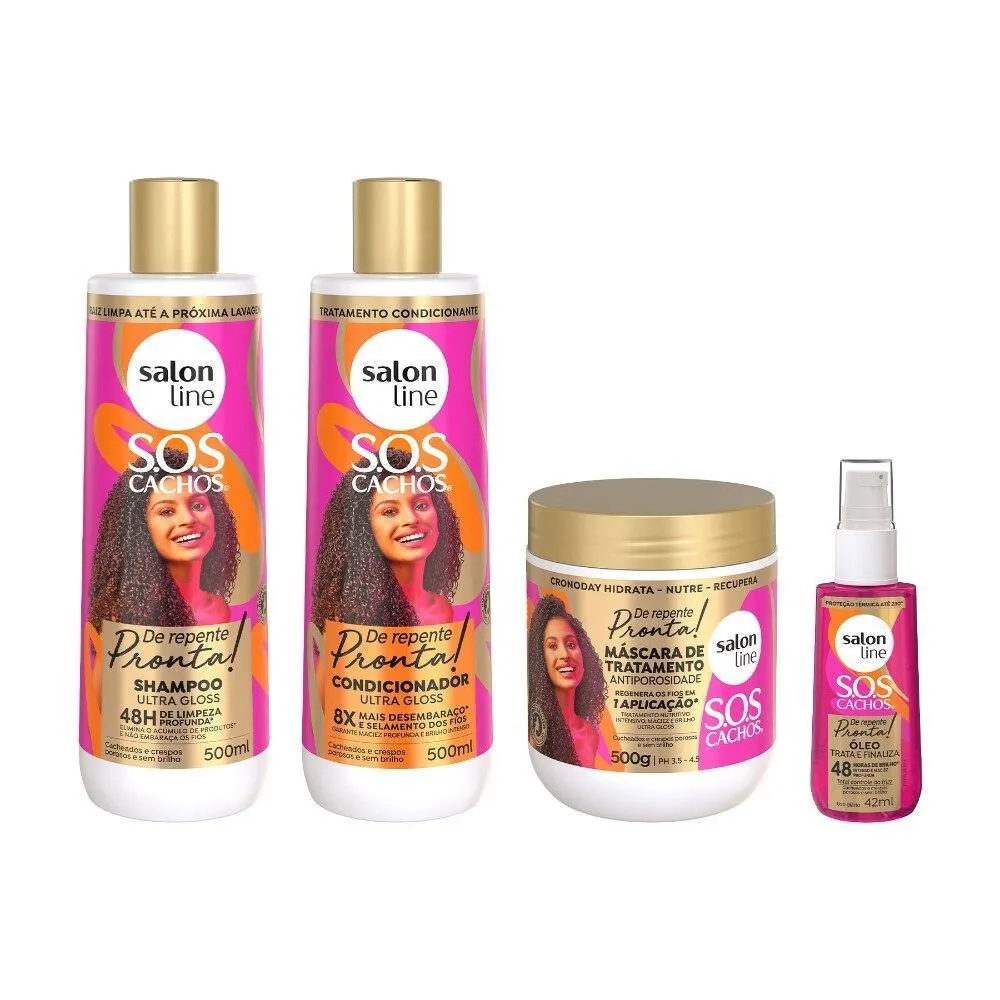 KIT SHAMPOO + CONDICIONADOR + MáSCARA E ÓLEO REPARADOR ANTIPOROSIDADE SOS CACHOS DE REPENTE PRONTA!