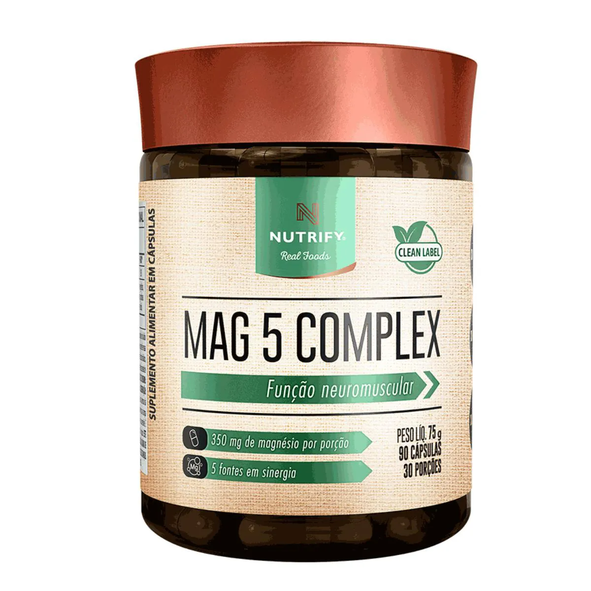 MAGNéSIO MAG 5 COMPLEX NUTRIFY 90 CAPSULAS SEM Sabor