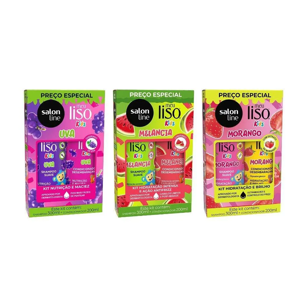 COMBO COM 3 SHAMPOO + CONDICIONADOR MEU LISO KIDS MORANGO, UVA E MELANCIA