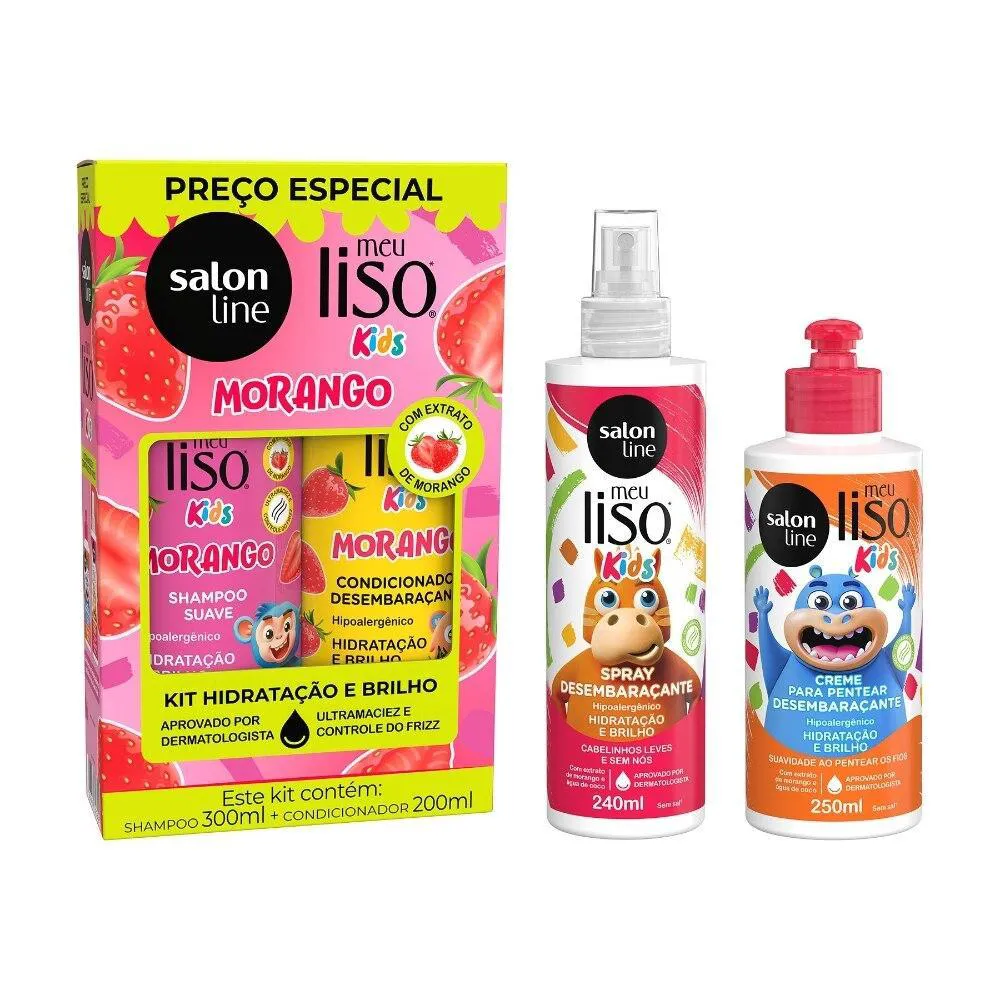 KIT MEU LISO KIDS COM SHAMPOO + CONDICIONADOR, CREME PARA PENTEAR E SPRAY DESEMBARAçANTE