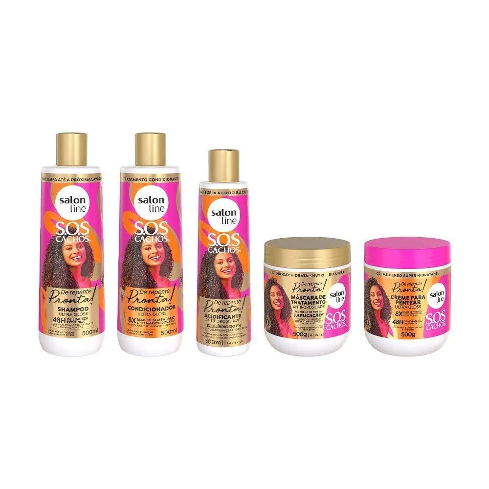 KIT SHAMPOO + CONDICIONADOR + MáSCARA ANTIPOROSIDADE + CREME PARA PENTEAR E ACIDIFICANTE SOS CACHOS DE REPENTE PRONTA!