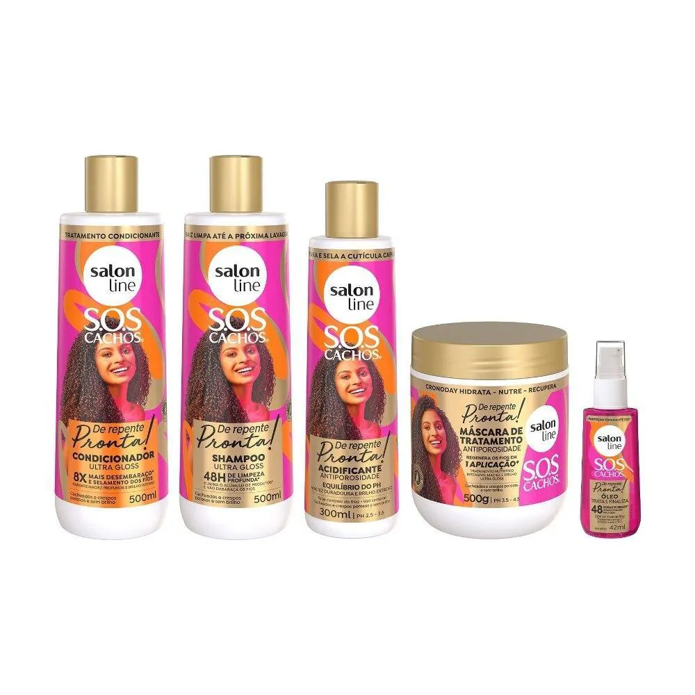 KIT SHAMPOO + CONDICIONADOR + MáSCARA ANTIPOROSIDADE + ÓLEO REPARADOR E ACIDIFICANTE SOS CACHOS DE REPENTE PRONTA!