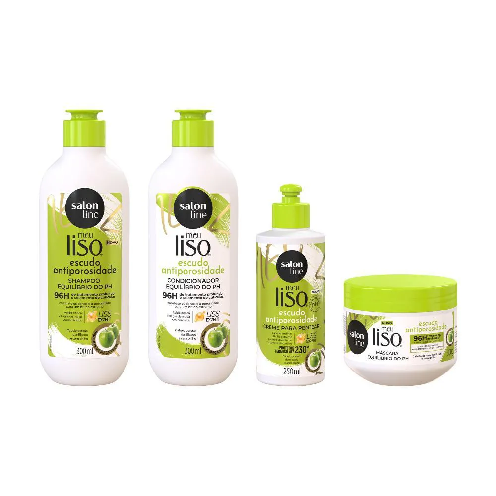 KIT SHAMPOO + CONDICIONADOR + MáSCARA E CREME PARA PENTEAR MEU LISO ANTIPOROSIDADE