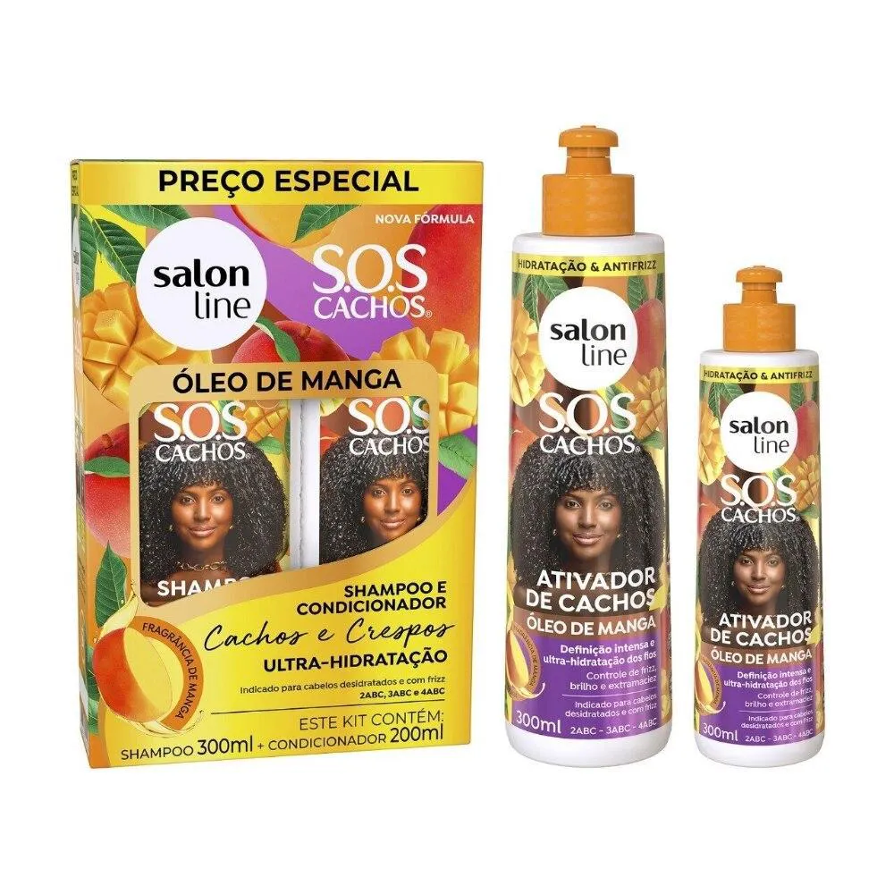 KIT SHAMPOO + CONDICIONADOR COM CREME PARA PENTEAR E ATIVADOR SOS CACHOS ÓLEO DE MANGA