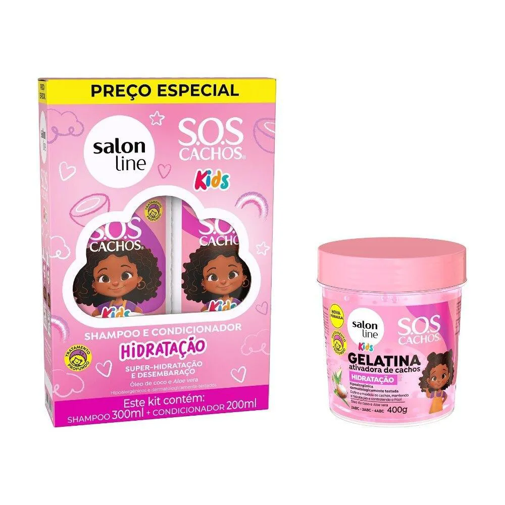 KIT SHAMPOO + CONDICIONADOR COM GELATINA SOS CACHOS KIDS HIDRATAçãO