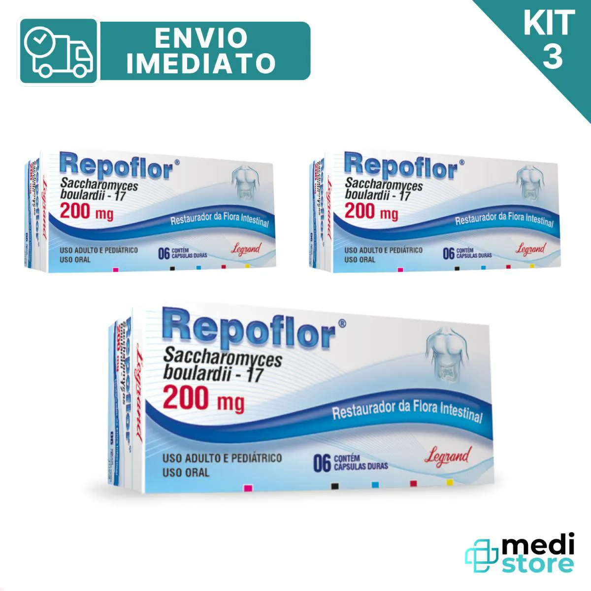 KIT COM 3 - REPOFLOR PARA FLORA INTESTINAL 200MG 06 CáPSULAS CADA