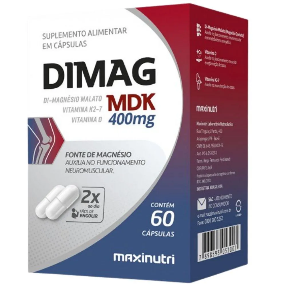 DIMAG MDK ( MAGNéSIO DIMALATO + VITAMINAS D3 E K2) 60 CáPSULAS - MAXINUTRI
