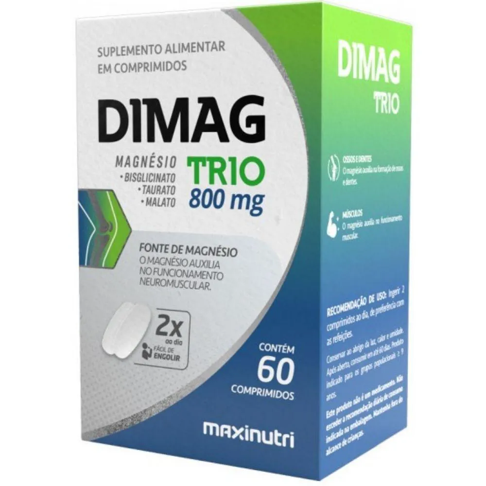 DIMAG TRIO (MAGNéSIO DIMALATO, QUELATO E TAURATO) 60 COMPRIMIDOS - MAXINUTRI
