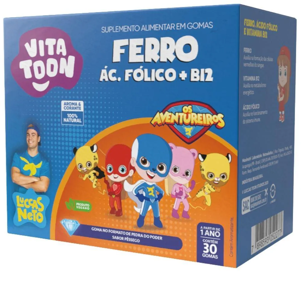 FERRO + ÁCIDO FóLICO + VITAMINA B12 KIDS VITATTON LUCCAS NETO 30 GOMAS - MAXINUTRI Pêssego